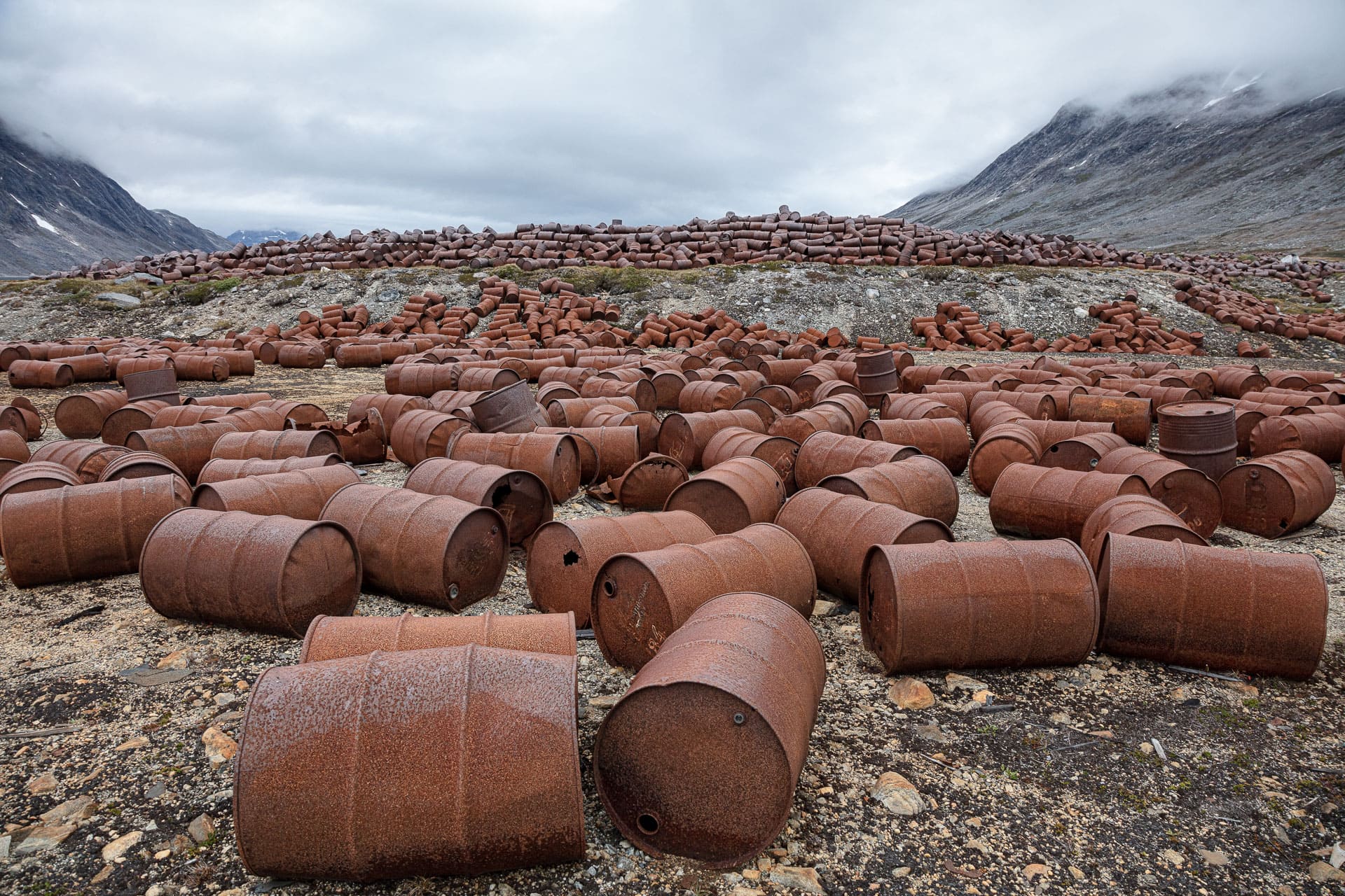 Abandoned Greenland USAF Airfield Bluie East 2, rusted barrels